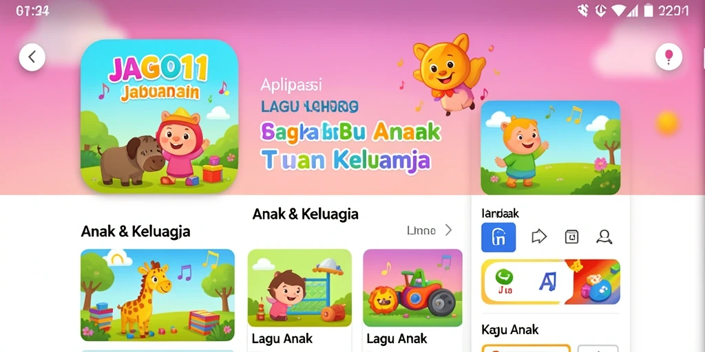 Antarmuka aplikasi JAGO11 dengan koleksi lagu anak yang beragam.