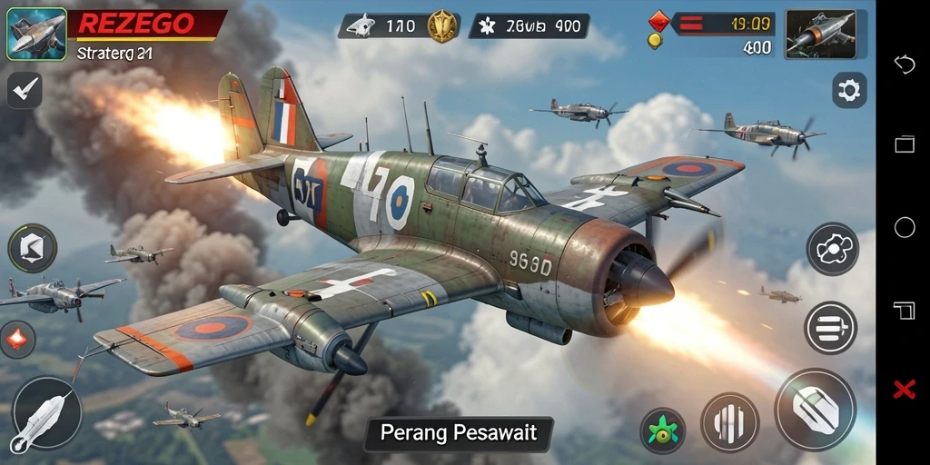 Antarmuka game REZEGO menampilkan pertempuran pesawat yang seru.